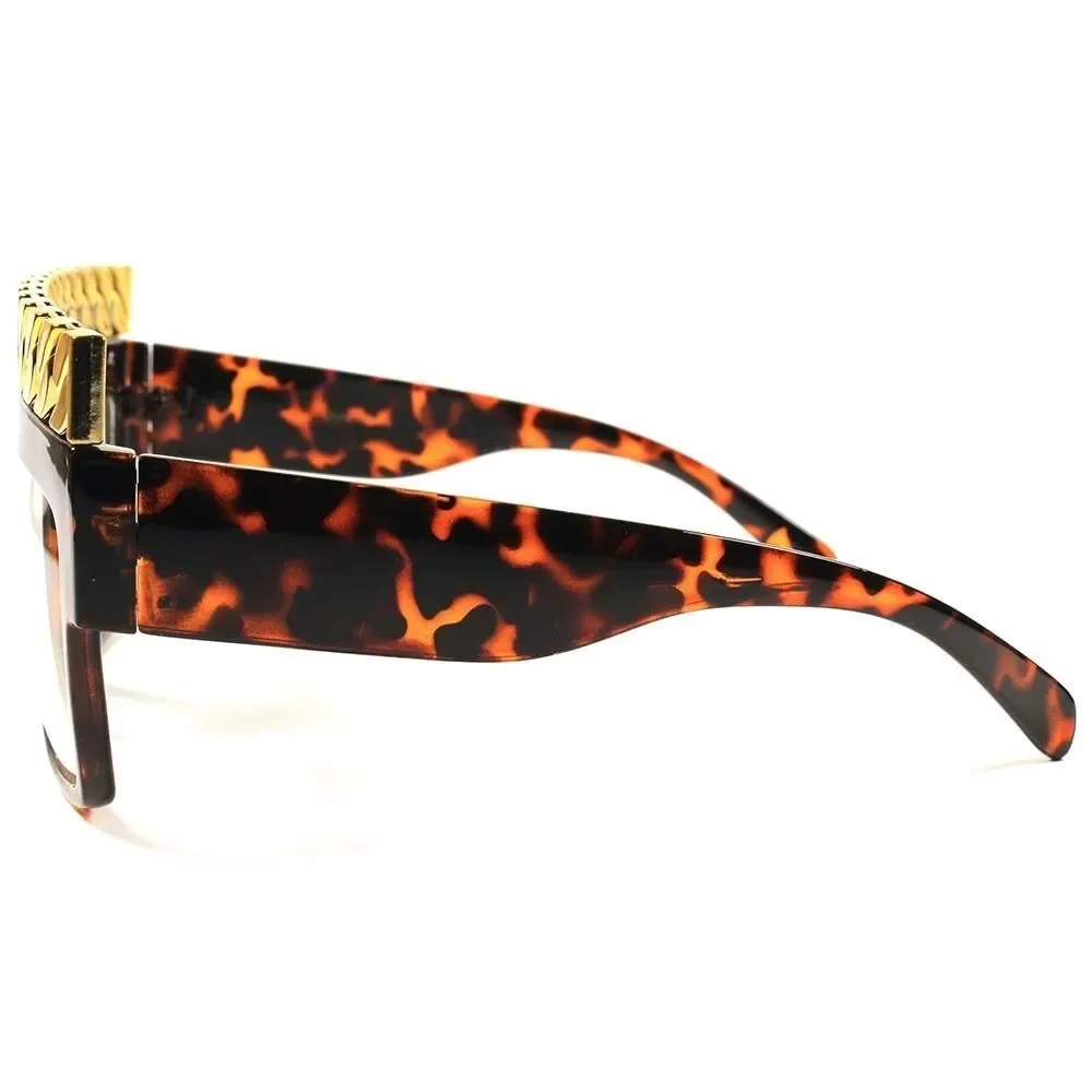 Designer Hip Hop Rapper Gold Cuban Link Chain Top Square Tortoise Clear Glasses
